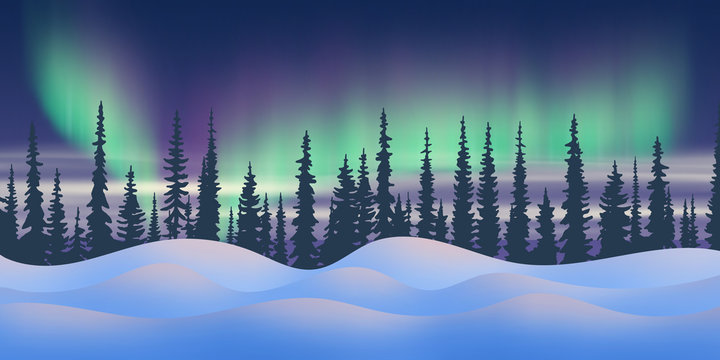 Fantasy on the theme of the northern landscape. Night and polar lights. Forest and snowdrifts. Vector illustration, EPS10
