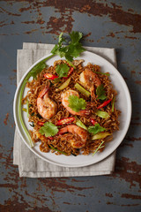 Stir fried noodles with shrimps and vegetables..