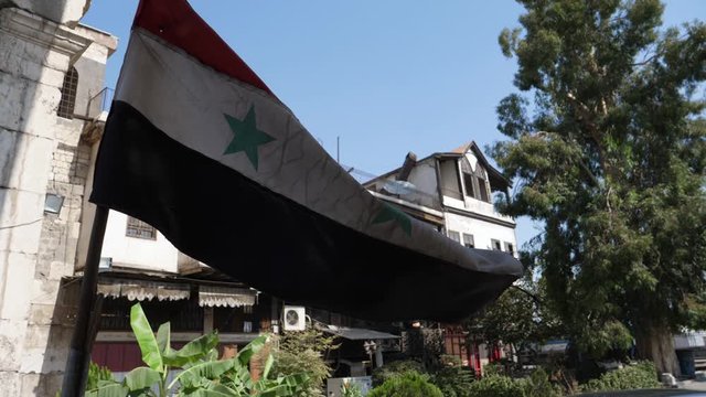 Close-up shot of a Syria flag waving, cars, trees and a villa in the background.