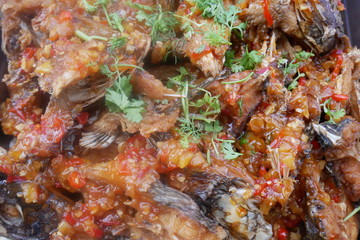 Obraz na płótnie Canvas Spicy Fish Salad with meat Asian street food