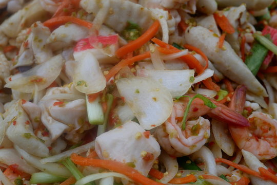 Spicy Shrimp Salad with Shrimp and Squid. Asian street food. Myanmar food