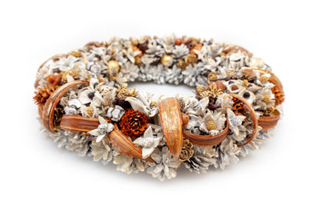 Christmas Holiday Wreath lying on Isolated White Background