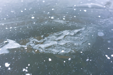 Frozen lake Thick ice covers the forest lake. Beautiful winter background