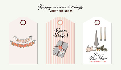 Merry Christmas  tender rose gold hand-drawn geometric garland , baubles with bow, gift sketch in vector. Modern New Year and winter holidays greeting card decoration. Best wishes design text