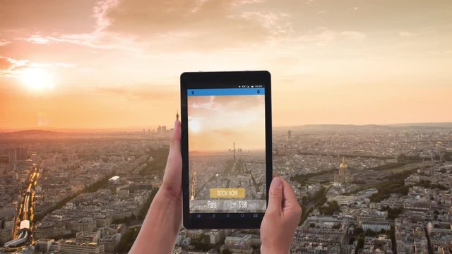 augmented reality woman on a couch holding tablet search for travel destinations that slide in the background