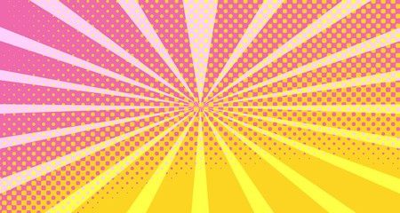 Fototapeta premium Vintage colorful comic book background. Orange Pink blank bubbles of different shapes. Rays, radial, halftone, dotted effects. For sale banner empty Place for text 1960s. Copy space vector eps10.