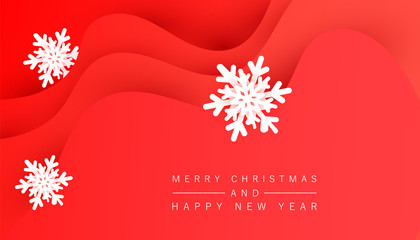Winter minimalistic festive red background with liquid wave shapes and volumetric snowflakes for poster, banners, flyers, card.