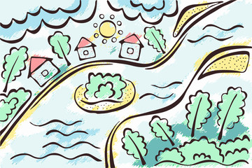 Abstract vector landscape. Handmade drawing: river, trees, village. 
