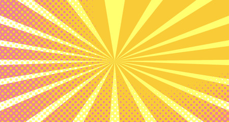 Fototapeta premium Vintage colorful comic book background. Orange Pink blank bubbles of different shapes. Rays, radial, halftone, dotted effects. For sale banner empty Place for text 1960s. Copy space vector eps10.