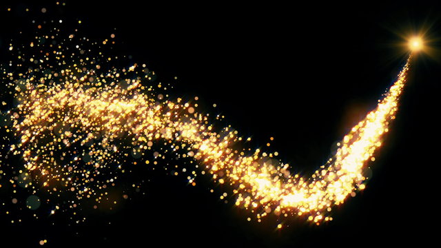 Golden glitter flight with sparkling light. Shining Christmas gold particles and sparkles intro template on black background. Luxury magic festive effect with bokeh and glow. Dust trail 3D render