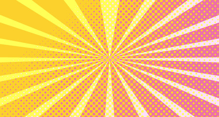 Vintage colorful comic book background. Orange Pink blank bubbles of different shapes. Rays, radial, halftone, dotted effects. For sale banner empty Place for text 1960s. Copy space vector eps10.