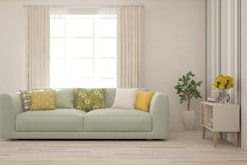 Stylish room in white color with sofa. Scandinavian interior design. 3D illustration