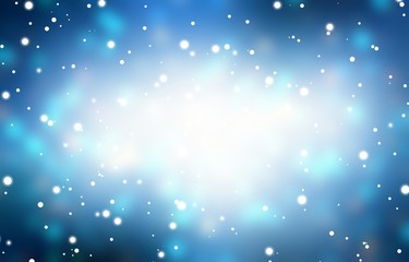 Snow fall on flare dark blue background. Magical winter illustration. Blurred vignette pattern.