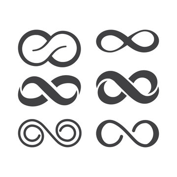 Infinity symbol. Vector logos set. Black contours of different shapes, thickness and style isolated on white. Symbol of repetition and unlimited cyclicity