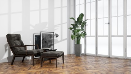 Modern design living room interior with beautiful view . 3D rendering