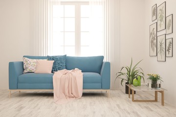 Stylish room in white color with sofa. Scandinavian interior design. 3D illustration