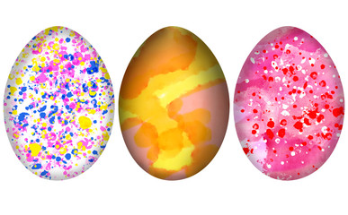 Set of colorful modern easter eggs  painted in watercolor paint and isolated on white background. Computer generated coloring.