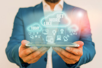 Handwriting text Get More Like. Conceptual photo Thumbs up Hashtags Page Plugin Approvals Followers