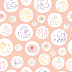 Vector repeat pattern with pumpkins and flowers in white circles. Powder pink background. One of the 