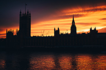 House of parliament in London, sunset sky, silhouette 
