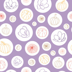 Vector repeat pattern with pumpkins and flowers in white circles. Purple background. One of the 