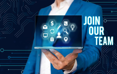 Word writing text Join Our Team. Business photo showcasing Allied Associate Work with us New Employee Hired Enlist
