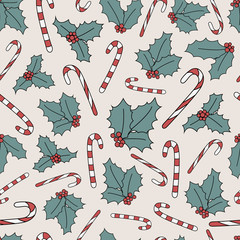 Christmas vector repeat pattern with holly and Christmas candy. One of my Christmas collection patterns. 