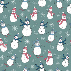 Vector repeat pattern with cute snowmen and snowflakes. One of the 