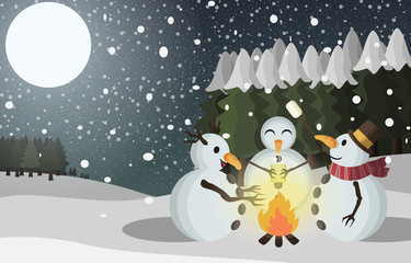 Snowman's Camping On Christmas Night With The Snow Fall Art - Vector
