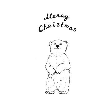 Polar bear with Merry Christmas letters. Black outline on white background. Picture can be used in greeting cards, posters, flyers, banners, logo, further design etc. Vector illustration. EPS10