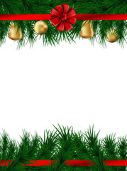 Merry Christmas and Happy New Year Card.  Design with christmas tree , Bells, Gift Balls, Red Ribbon on White background. vector. illustration.