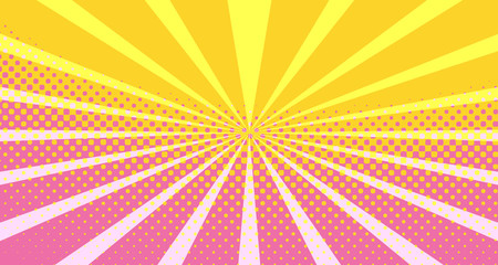 Obraz premium Vintage colorful comic book background. Orange Pink blank bubbles of different shapes. Rays, radial, halftone, dotted effects. For sale banner empty Place for text 1960s. Copy space vector eps10.