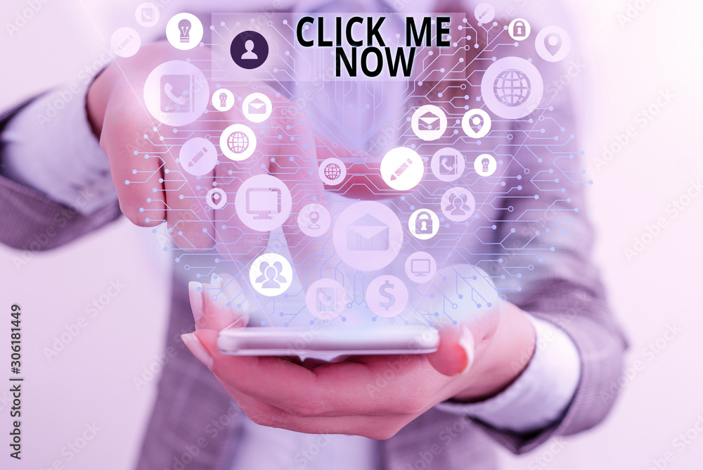 Poster writing note showing click me now. business concept for internet helping desk press the button onlin