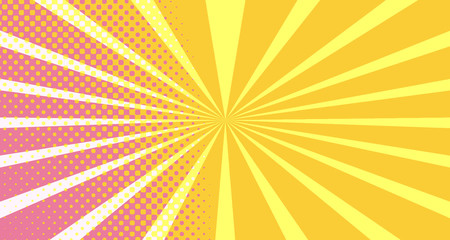 Fototapeta premium Vintage colorful comic book background. Orange Pink blank bubbles of different shapes. Rays, radial, halftone, dotted effects. For sale banner empty Place for text 1960s. Copy space vector eps10.