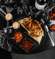 quesadilla meat in crispy pita bread and cream cheese julienne