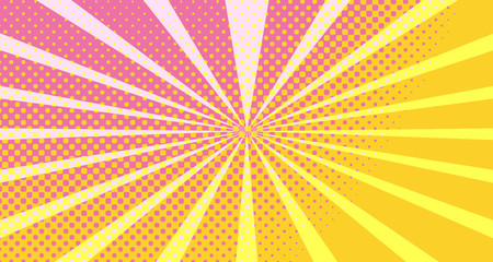 Vintage colorful comic book background. Orange Pink blank bubbles of different shapes. Rays, radial, halftone, dotted effects. For sale banner empty Place for text 1960s. Copy space vector eps10.