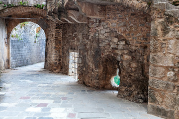 stone arches in the old town in Montenegro Kotor, fortress