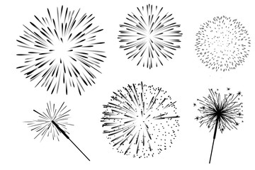 Fireworks set of black icon different types of explosion isolated on white background website page and mobile app design.