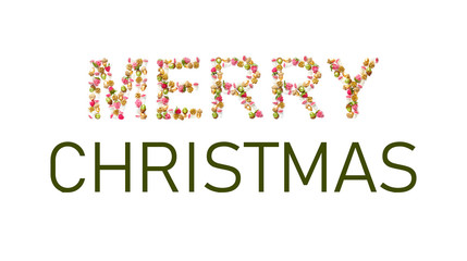 word merry Christmas. holiday concept. symbol letters collected from the decor - acorns, cones, berries and mushrooms. horizontal banner, card, creative layout