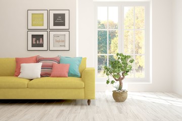 Stylish room in white color with sofa and autumn landscape in window. Scandinavian interior design. 3D illustration