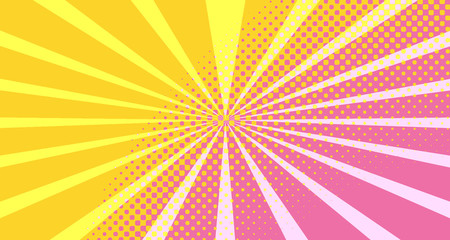 Vintage colorful comic book background. Orange Pink blank bubbles of different shapes. Rays, radial, halftone, dotted effects. For sale banner empty Place for text 1960s. Copy space vector eps10.