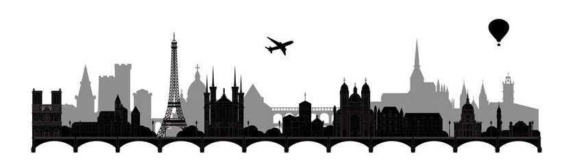 Panoramic illustration of architectural sights of France monochrome vector illustration. Tourism concept with historic architecture. France cityscape with landmarks. France silhouettes.