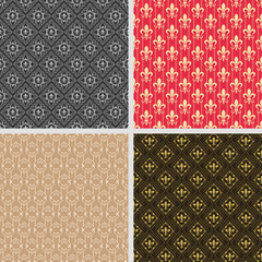 Set of 4 background wallpapers for your design. Trendy stylish texture. Colors image: black, red, gold, beige. Graphic design templates, background seamless patterns. Vector set.
