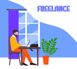 A freelancer working at home with cat flat style vector concept illustration. Bearded man freelancer working on laptop near window. 