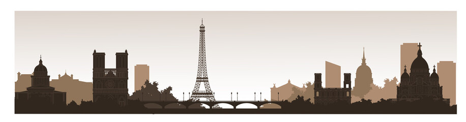 Fototapeta na wymiar Panorama of Paris flat style vector illustration. Cartoon Paris architecture symbols and objects. Paris city skyline vector background. Flat trendy illustration