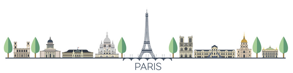 Panorama of Paris flat style vector illustration. Cartoon Paris architecture symbols and objects. Paris city skyline vector background. Flat trendy illustration - obrazy, fototapety, plakaty
