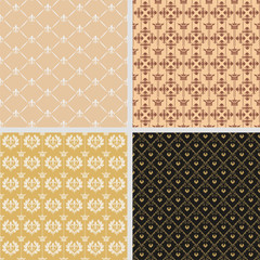 Set of four background wallpapers in the retro style for your design. Royal style. Colors image: black, brown, gold, beige. Graphic design templates, background seamless patterns. Vector set.