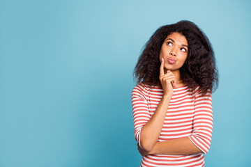 Photo of pretty dark skin lady looking empty space wondered think over philosophy questions wear...