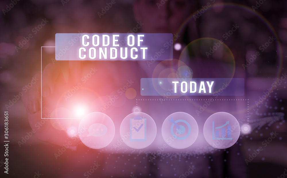 Poster text sign showing code of conduct. business photo showcasing ethics rules moral codes ethical princi