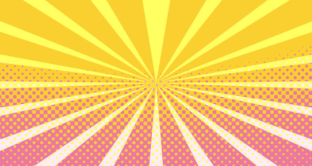 Obraz premium Vintage colorful comic book background. Orange Pink blank bubbles of different shapes. Rays, radial, halftone, dotted effects. For sale banner empty Place for text 1960s. Copy space vector eps10.